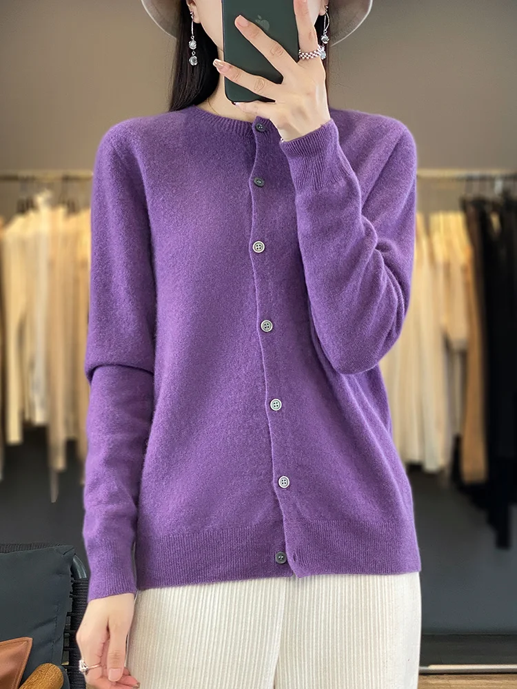 100% Merino Wool Sweater Women O-Neck Cardigan Basic Style Buttoned Knitwear Female Casual Autumn Winter Soft Tops