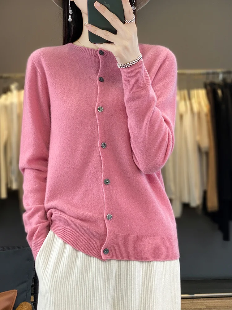 100% Merino Wool Sweater Women O-Neck Cardigan Basic Style Buttoned Knitwear Female Casual Autumn Winter Soft Tops