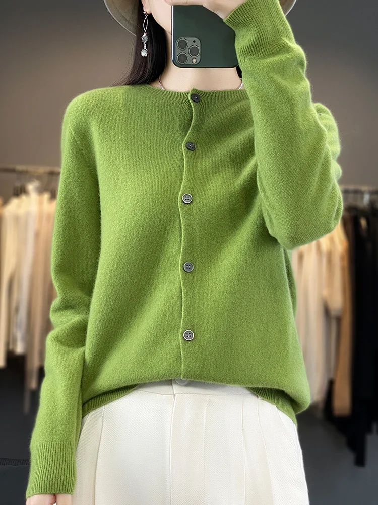 100% Merino Wool Sweater Women O-Neck Cardigan Basic Style Buttoned Knitwear Female Casual Autumn Winter Soft Tops