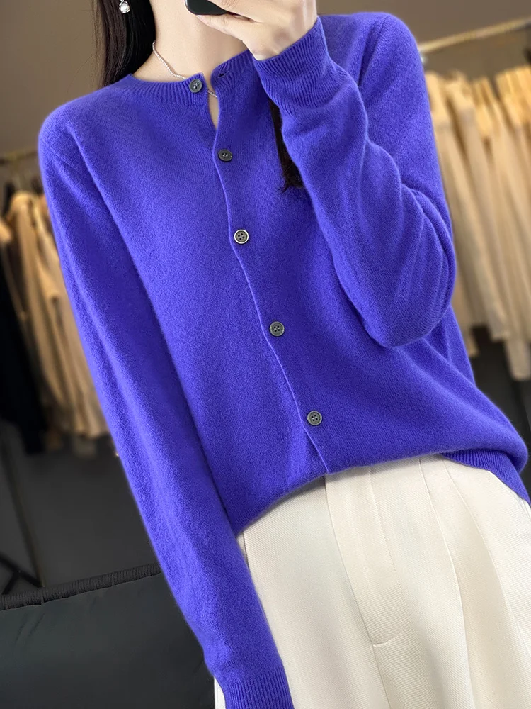 100% Merino Wool Sweater Women O-Neck Cardigan Basic Style Buttoned Knitwear Female Casual Autumn Winter Soft Tops