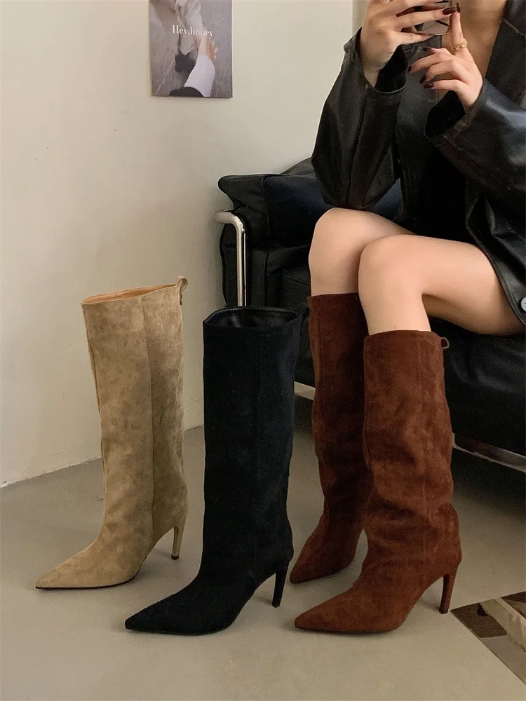 Aneikeh Fashion Winter Pointed Toe Knee-High Women Boots Thin Heels Shoes Female Punk Long Booties Zapatos De Muje