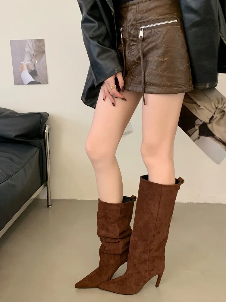 Aneikeh Fashion Winter Pointed Toe Knee-High Women Boots Thin Heels Shoes Female Punk Long Booties Zapatos De Muje