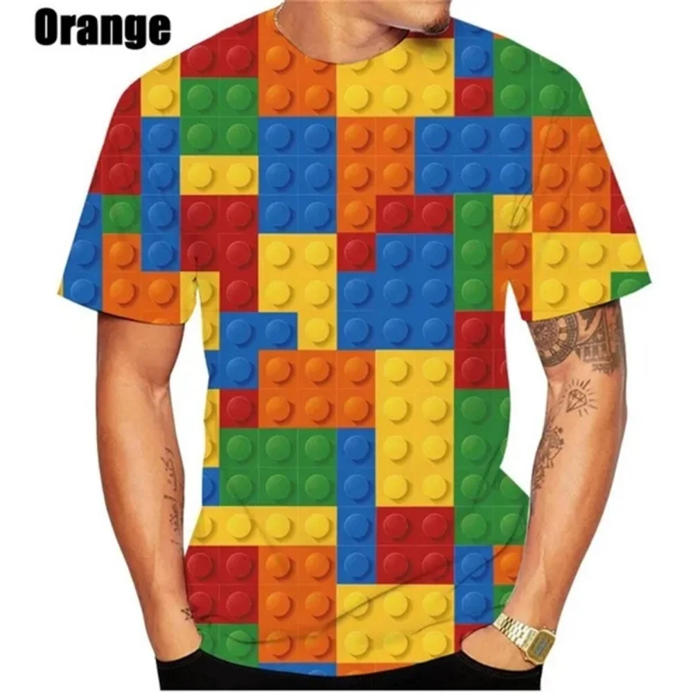 New T-Shirt Building Blocks Printed Men Clothing Short Sleeved T-Shirt for Men Fashion Outdoor Clothes Crew Neck Men's T-Shirts