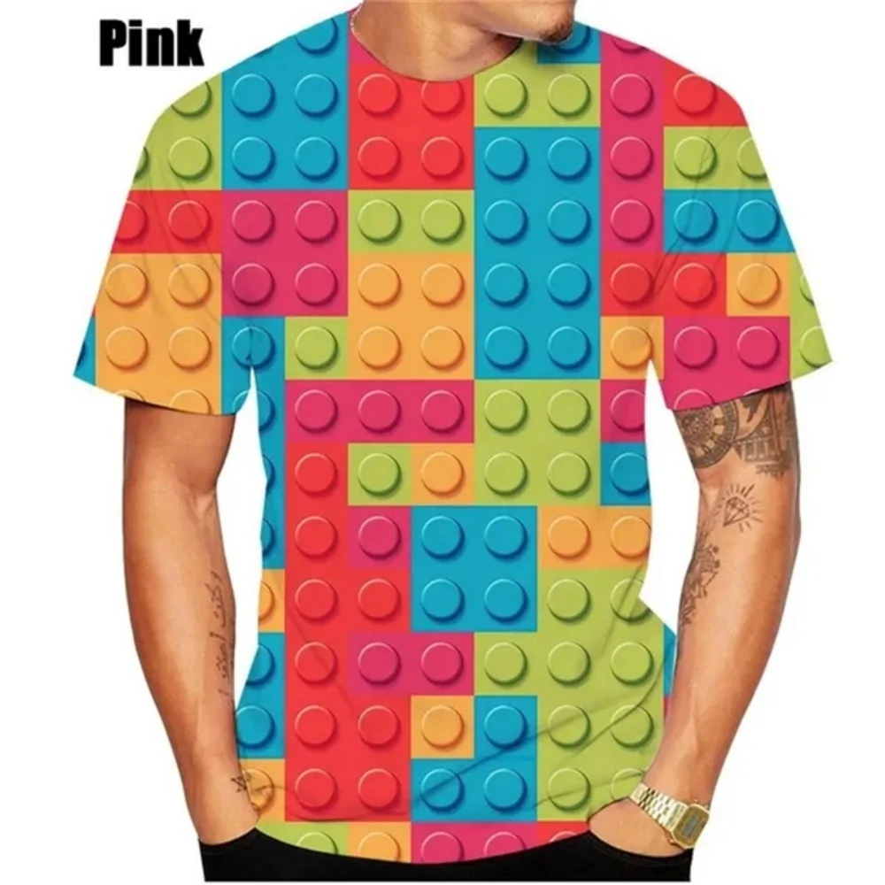 New T-Shirt Building Blocks Printed Men Clothing Short Sleeved T-Shirt for Men Fashion Outdoor Clothes Crew Neck Men's T-Shirts