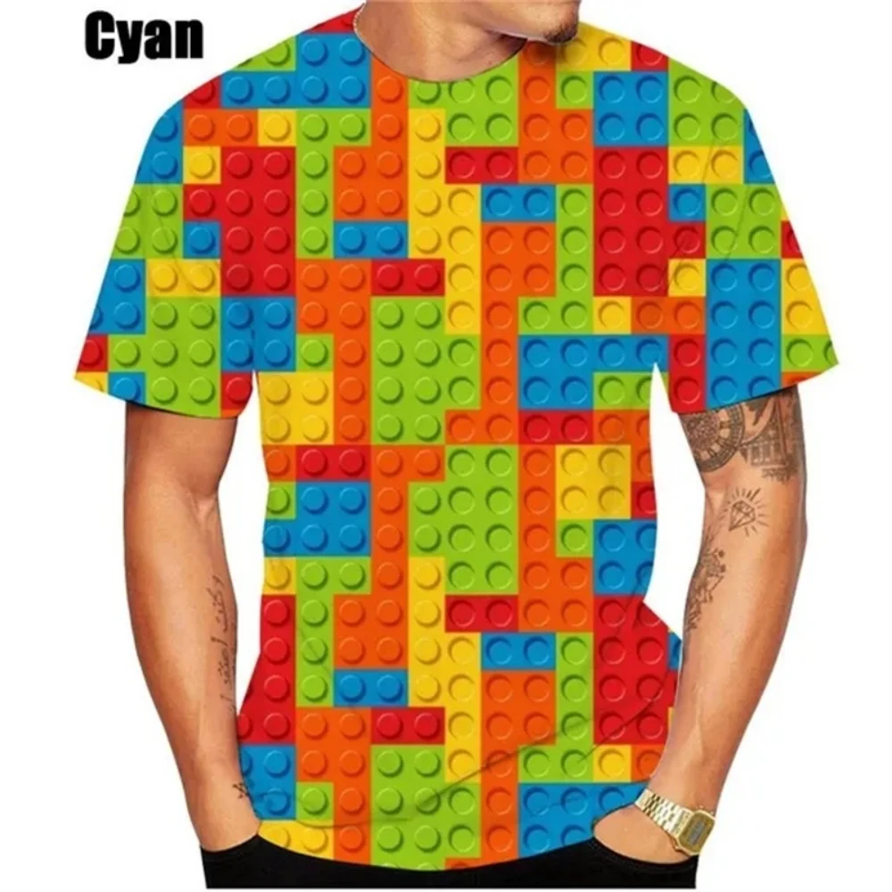 New T-Shirt Building Blocks Printed Men Clothing Short Sleeved T-Shirt for Men Fashion Outdoor Clothes Crew Neck Men's T-Shirts