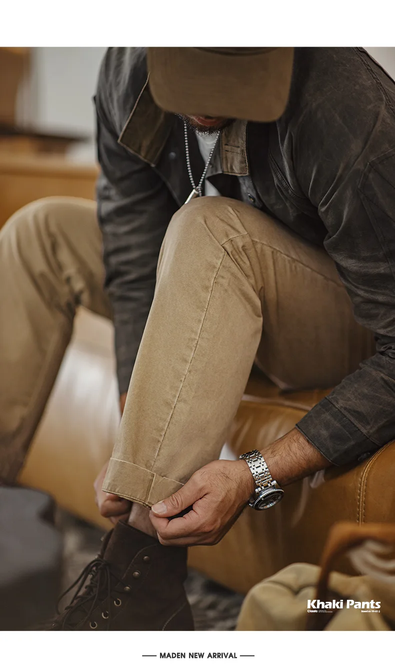 Maden Vintage Heavyweight Khaki Casual Pants Twill Cotton Straight Pants for Men's Autumn Workwear Classic Zip Fly Trousers