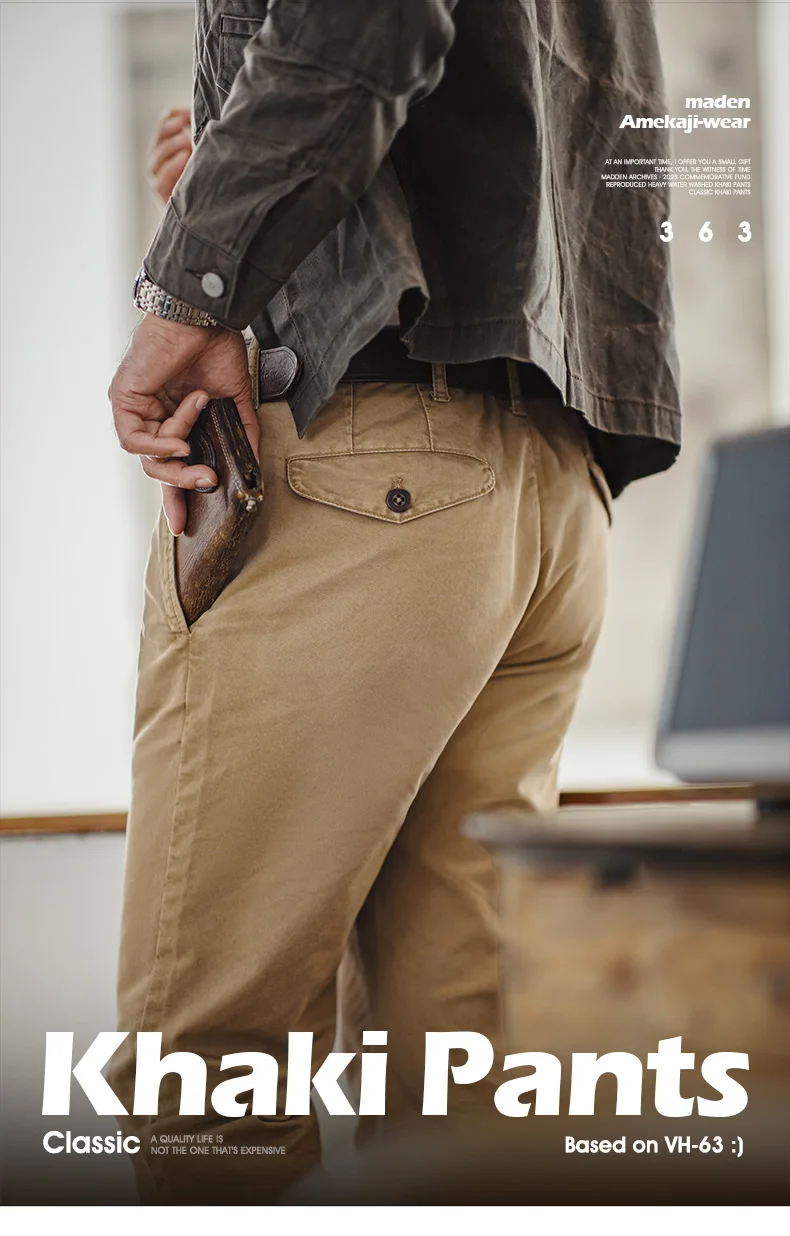 Maden Vintage Heavyweight Khaki Casual Pants Twill Cotton Straight Pants for Men's Autumn Workwear Classic Zip Fly Trousers