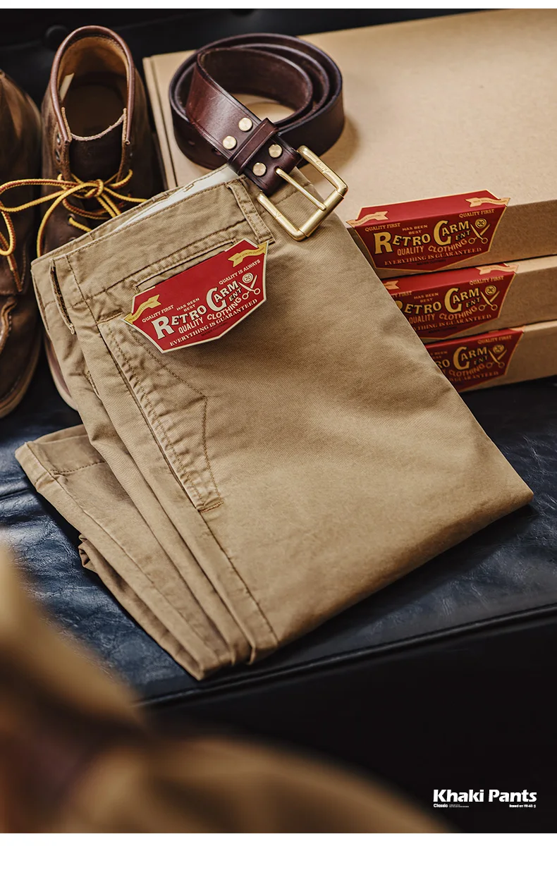 Maden Vintage Heavyweight Khaki Casual Pants Twill Cotton Straight Pants for Men's Autumn Workwear Classic Zip Fly Trousers