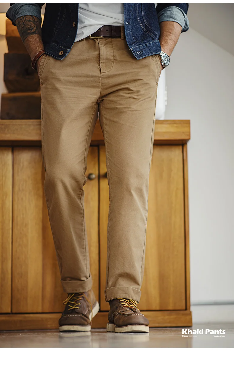 Maden Vintage Heavyweight Khaki Casual Pants Twill Cotton Straight Pants for Men's Autumn Workwear Classic Zip Fly Trousers