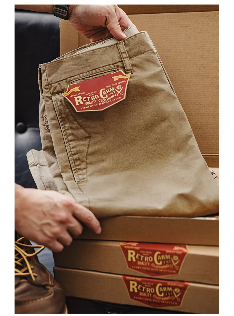 Maden Vintage Heavyweight Khaki Casual Pants Twill Cotton Straight Pants for Men's Autumn Workwear Classic Zip Fly Trousers