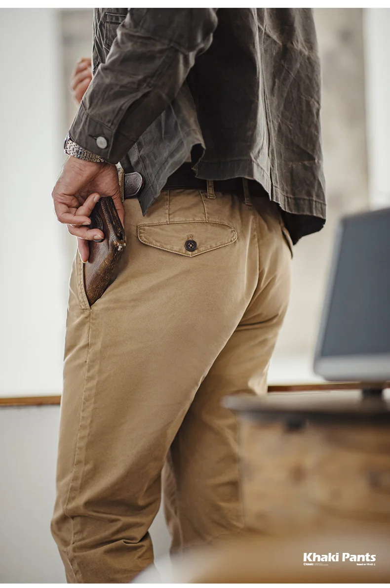 Maden Vintage Heavyweight Khaki Casual Pants Twill Cotton Straight Pants for Men's Autumn Workwear Classic Zip Fly Trousers