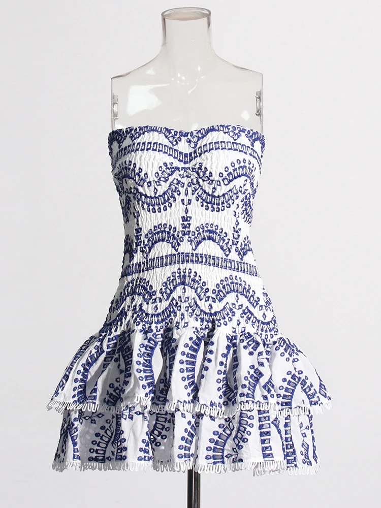 TWOTWINSTYLE Patchwork Folds Casual Dresses For Women Strapless Sleeveless High Waist Hollow Out Elegant Slimming Dress Female