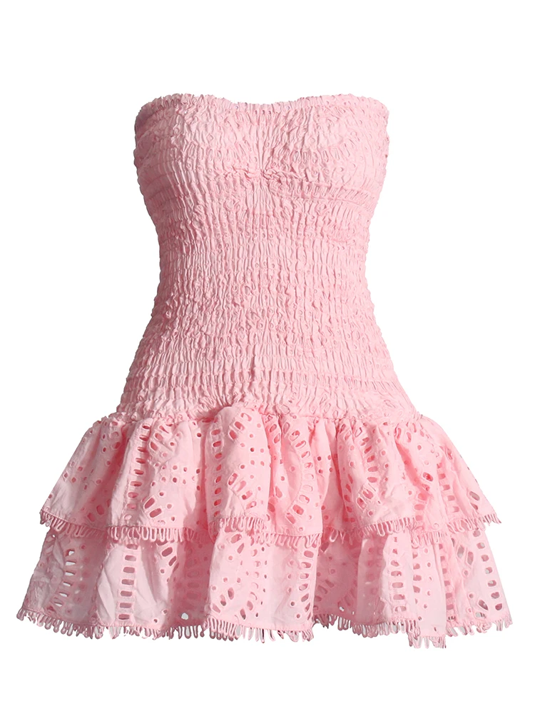 TWOTWINSTYLE Patchwork Folds Casual Dresses For Women Strapless Sleeveless High Waist Hollow Out Elegant Slimming Dress Female