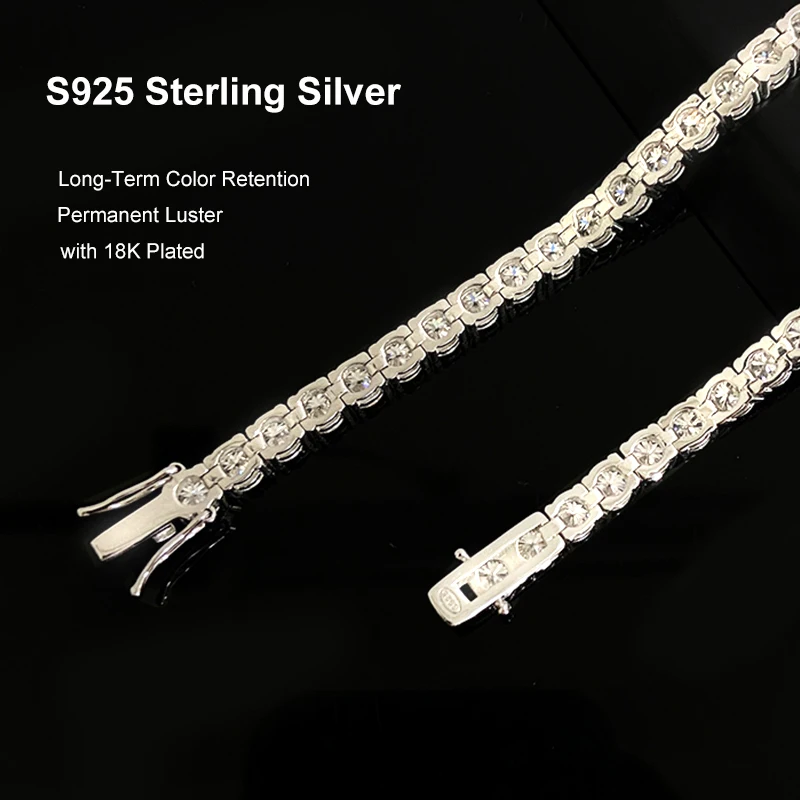 NeeTim 3mm 4mm 5mm All Moissanite Tennis Bracelet Sparkling Chain 925 Sterling Silver with Gold Plated Bracelets For Women Men