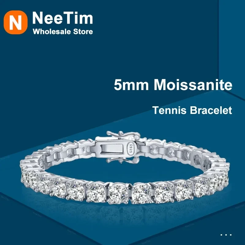 NeeTim 3mm 4mm 5mm All Moissanite Tennis Bracelet Sparkling Chain 925 Sterling Silver with Gold Plated Bracelets For Women Men