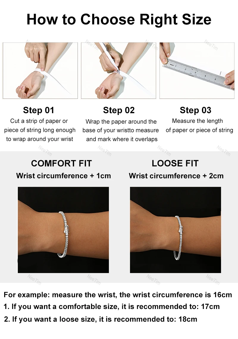 NeeTim 3mm 4mm 5mm All Moissanite Tennis Bracelet Sparkling Chain 925 Sterling Silver with Gold Plated Bracelets For Women Men