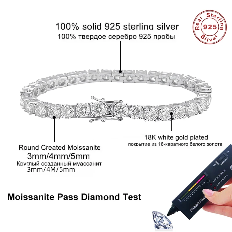 NeeTim 3mm 4mm 5mm All Moissanite Tennis Bracelet Sparkling Chain 925 Sterling Silver with Gold Plated Bracelets For Women Men
