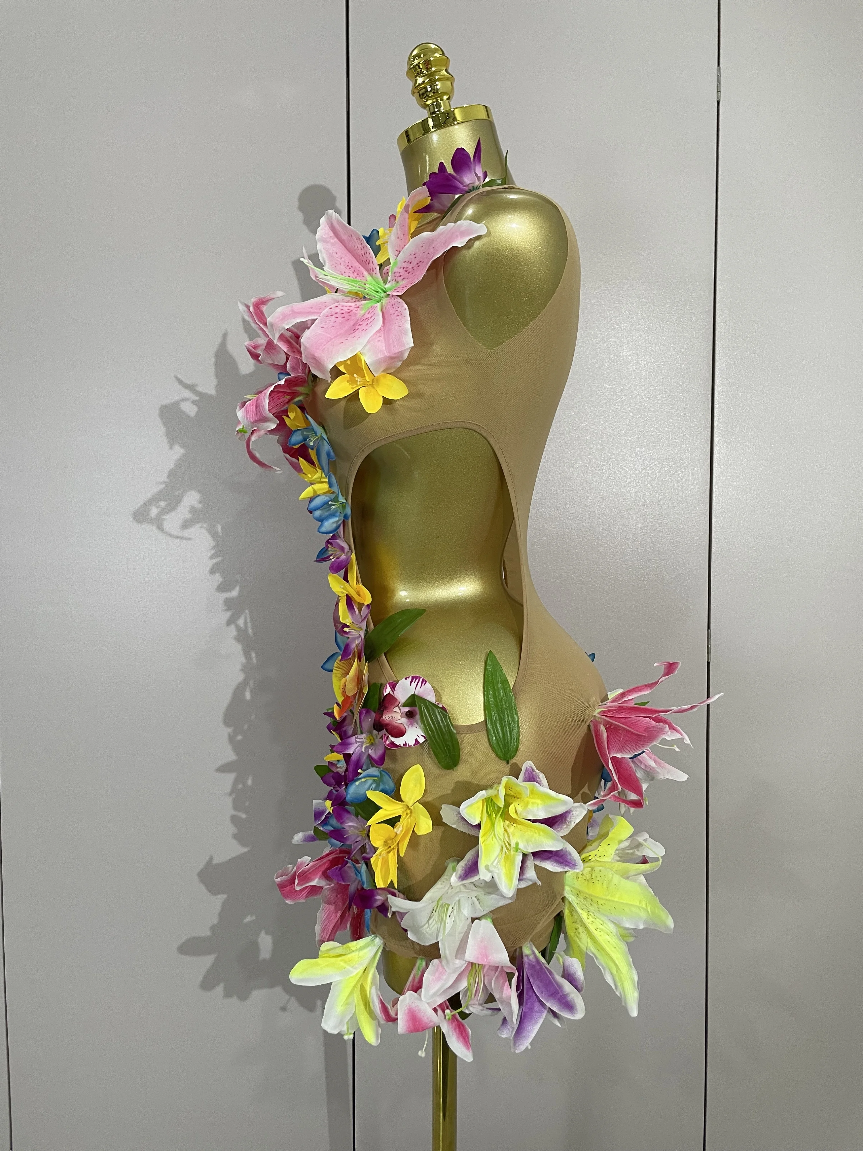 Women Evening Birthday Party Dresses Colorful Flowers Sleeveless Sexy Mesh See Through Mini Dress Nightclub Dancer Stage Wear