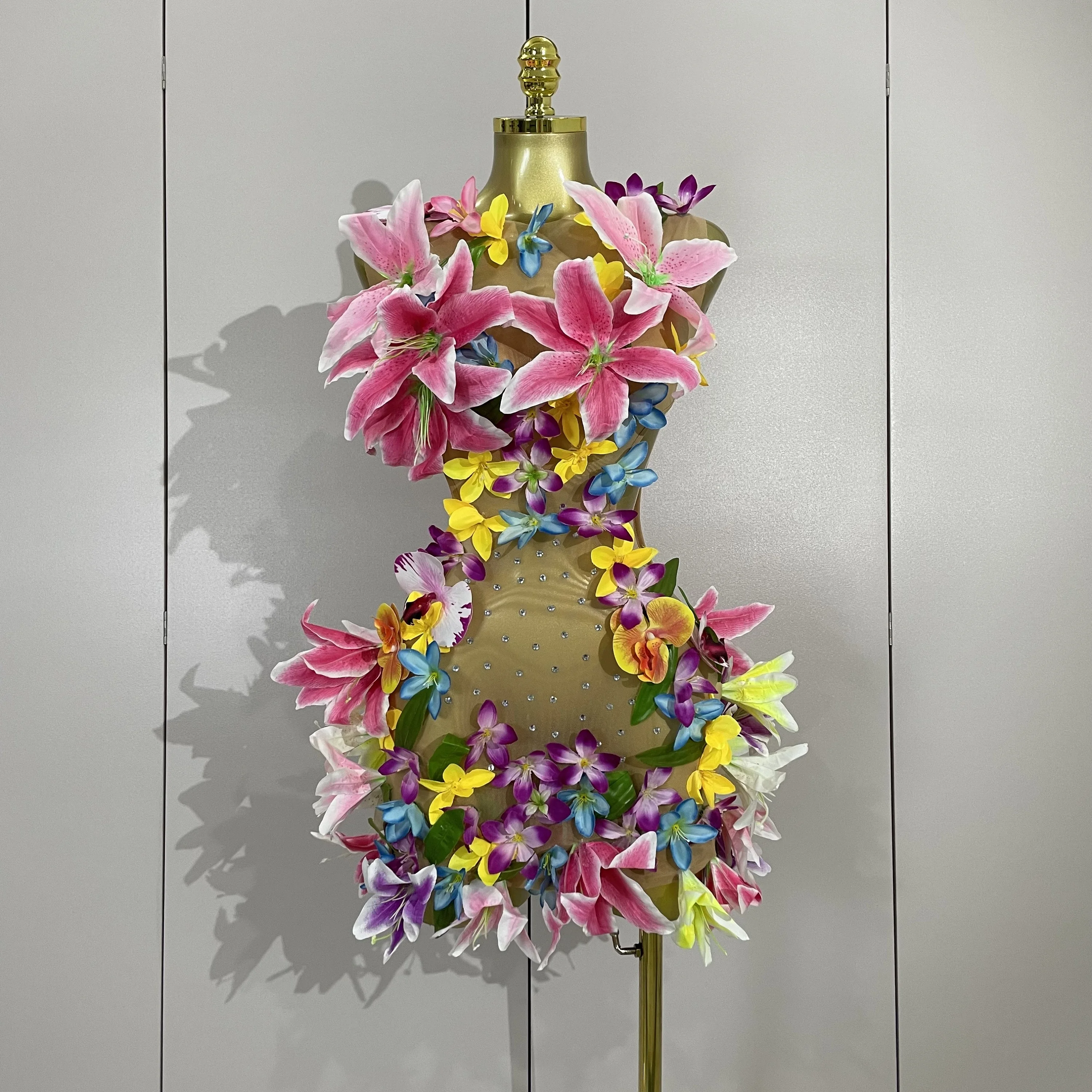 Women Evening Birthday Party Dresses Colorful Flowers Sleeveless Sexy Mesh See Through Mini Dress Nightclub Dancer Stage Wear