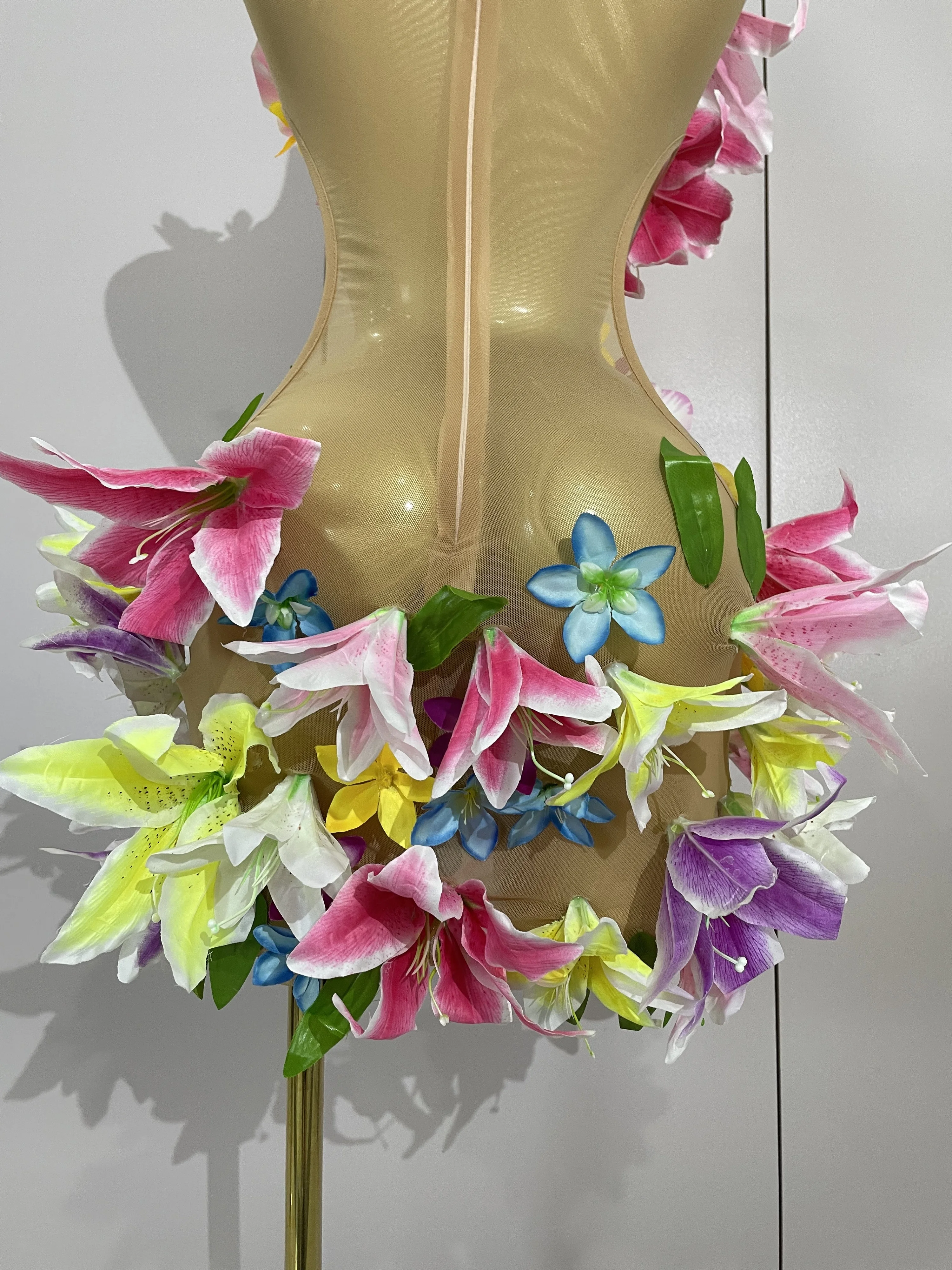 Women Evening Birthday Party Dresses Colorful Flowers Sleeveless Sexy Mesh See Through Mini Dress Nightclub Dancer Stage Wear
