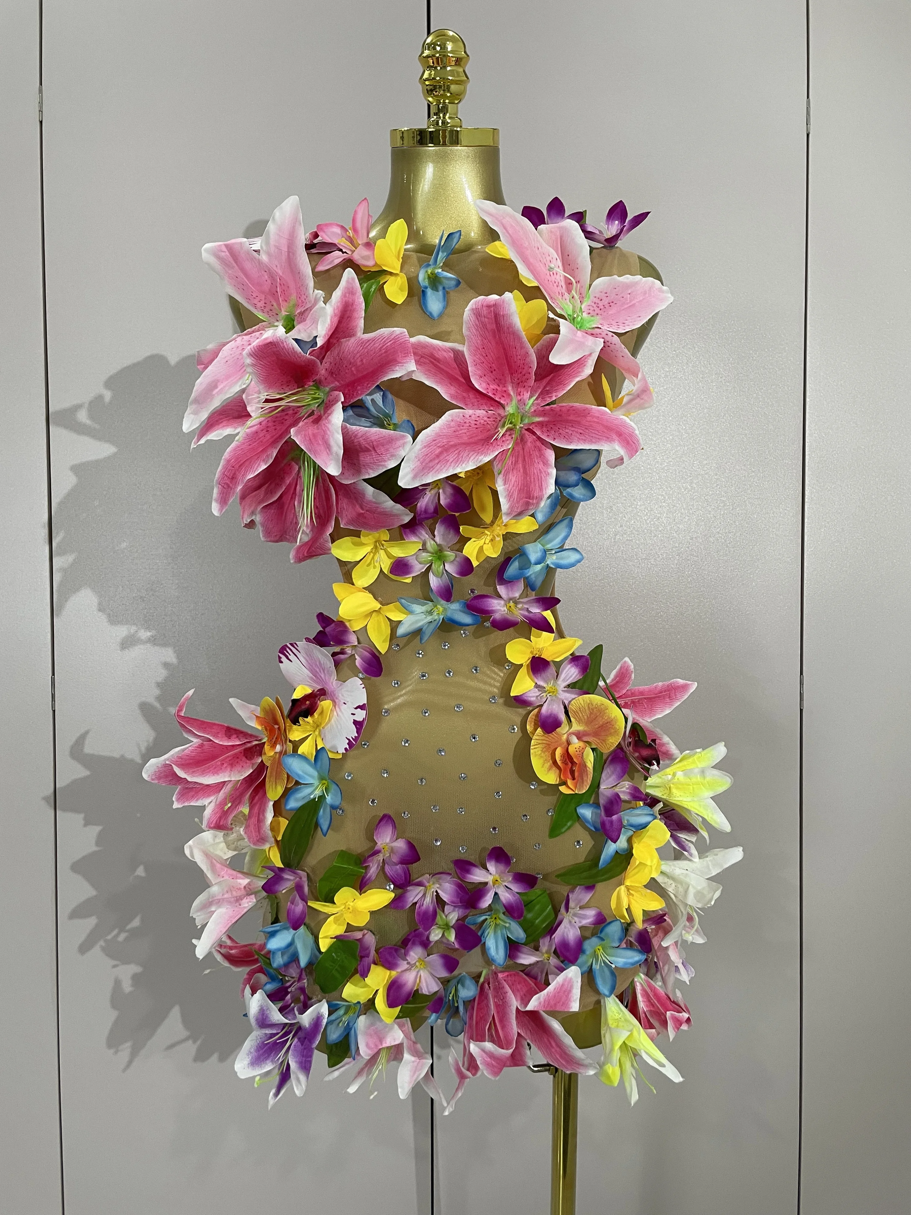 Women Evening Birthday Party Dresses Colorful Flowers Sleeveless Sexy Mesh See Through Mini Dress Nightclub Dancer Stage Wear