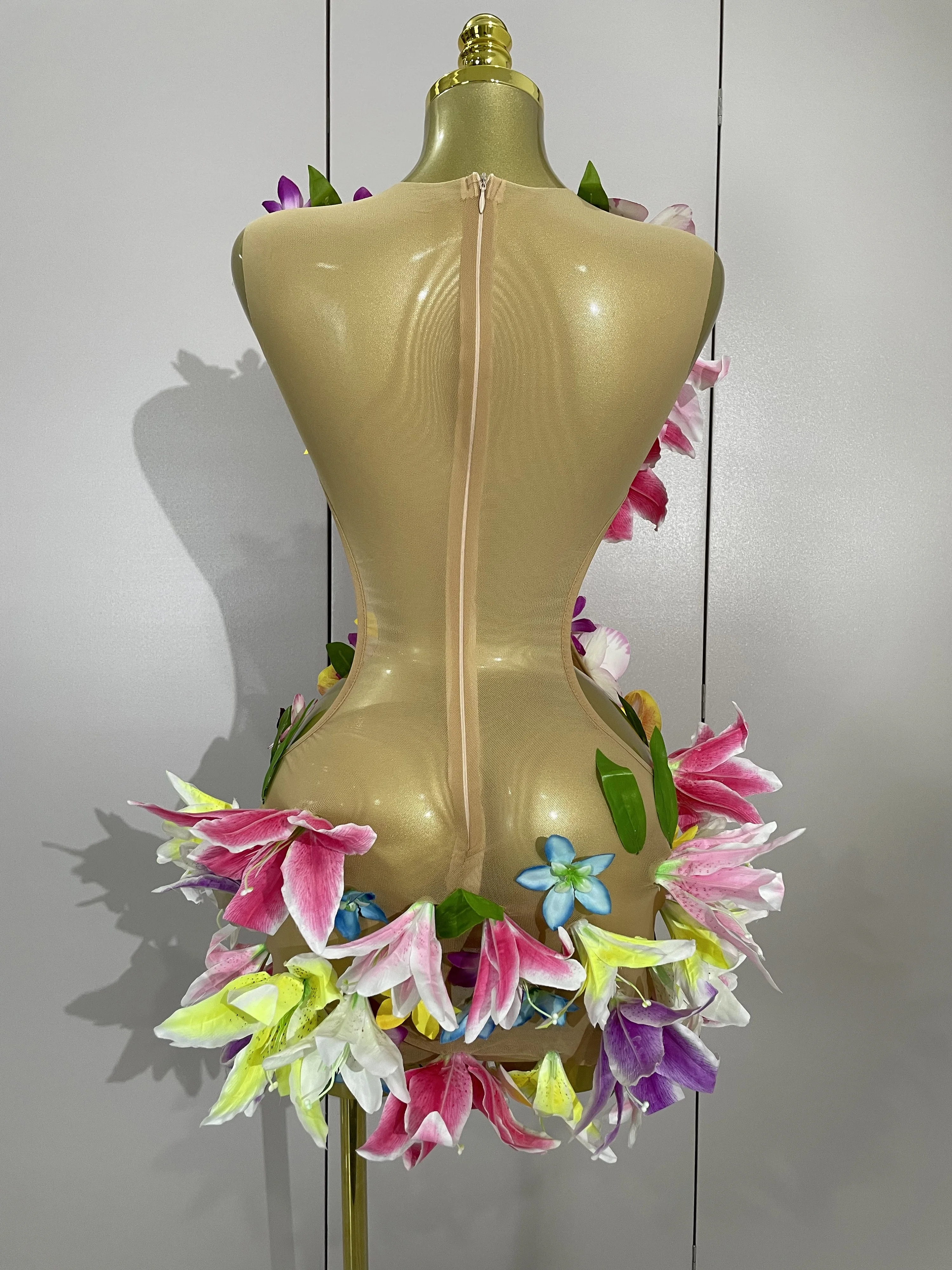 Women Evening Birthday Party Dresses Colorful Flowers Sleeveless Sexy Mesh See Through Mini Dress Nightclub Dancer Stage Wear