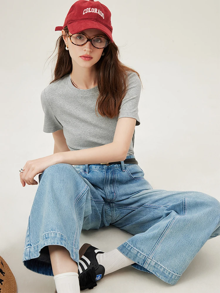 FSLE【4 Colors】Women Round Neck Casual Grey Summer T-Shirt Black Cotton Square Neck Short Sleeve Elastic Tees 24FS12797+24FS12798