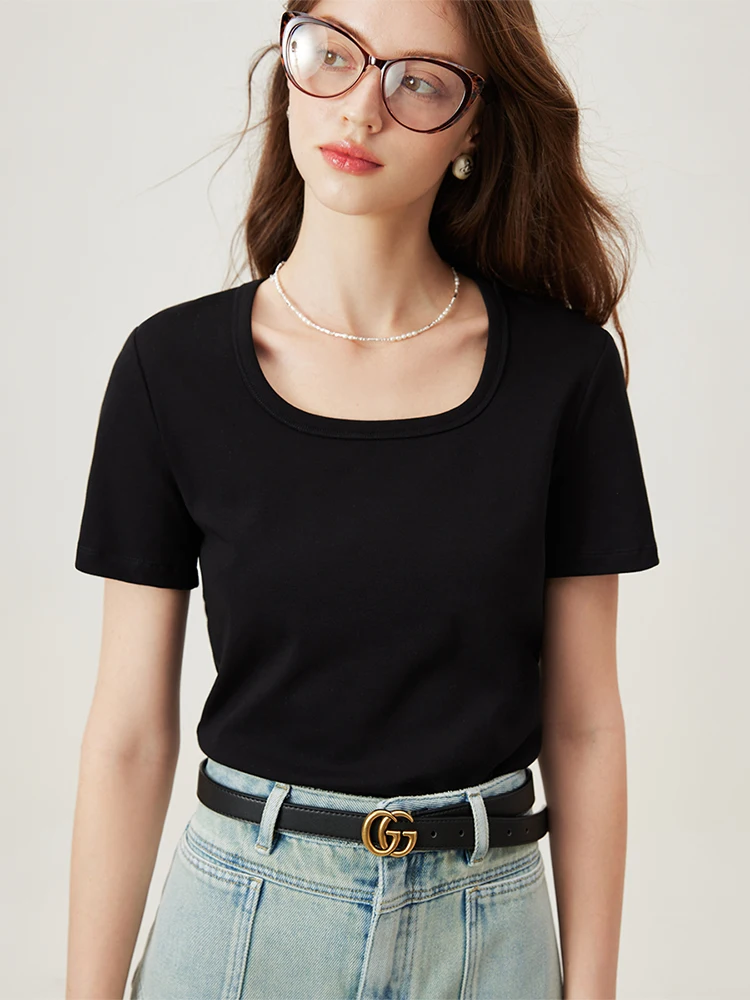 FSLE【4 Colors】Women Round Neck Casual Grey Summer T-Shirt Black Cotton Square Neck Short Sleeve Elastic Tees 24FS12797+24FS12798