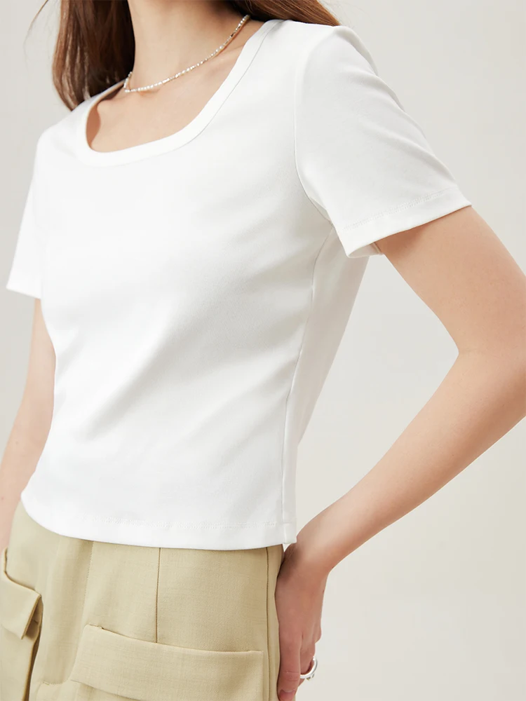 FSLE【4 Colors】Women Round Neck Casual Grey Summer T-Shirt Black Cotton Square Neck Short Sleeve Elastic Tees 24FS12797+24FS12798
