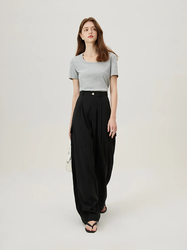 FSLE【4 Colors】Women Round Neck Casual Grey Summer T-Shirt Black Cotton Square Neck Short Sleeve Elastic Tees 24FS12797+24FS12798