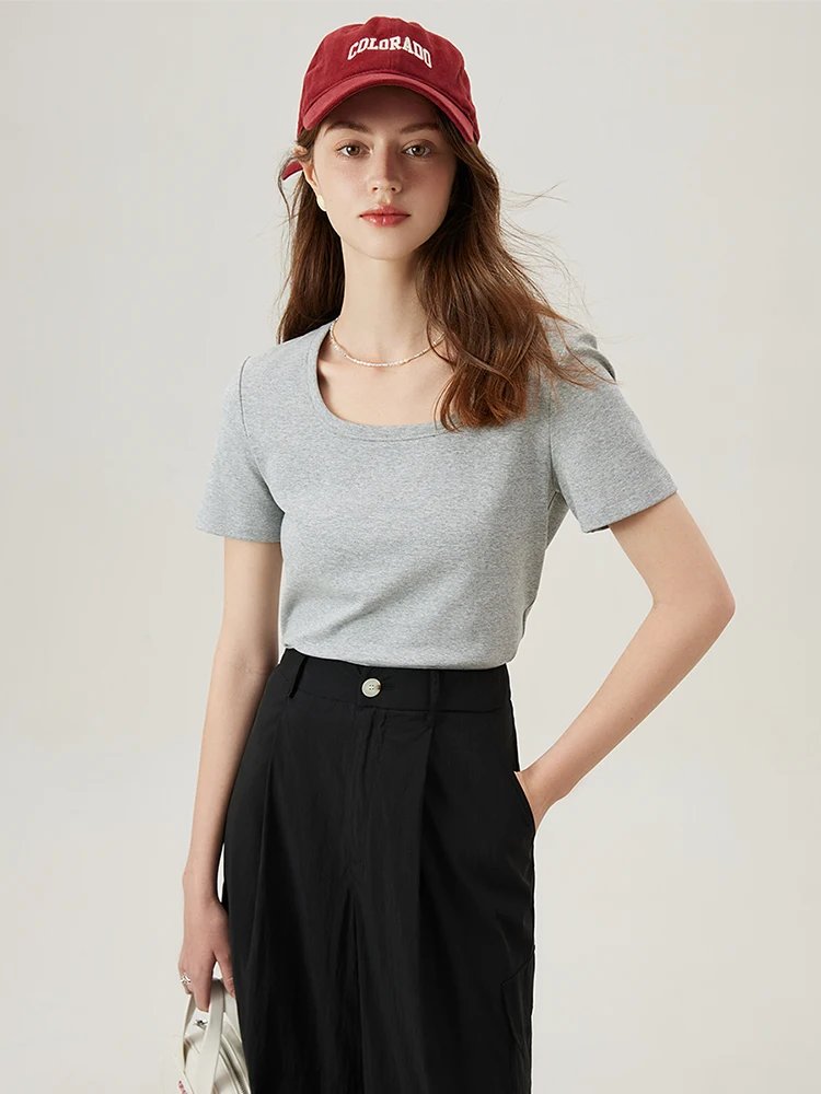 FSLE【4 Colors】Women Round Neck Casual Grey Summer T-Shirt Black Cotton Square Neck Short Sleeve Elastic Tees 24FS12797+24FS12798