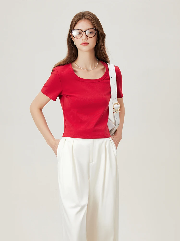 FSLE【4 Colors】Women Round Neck Casual Grey Summer T-Shirt Black Cotton Square Neck Short Sleeve Elastic Tees 24FS12797+24FS12798