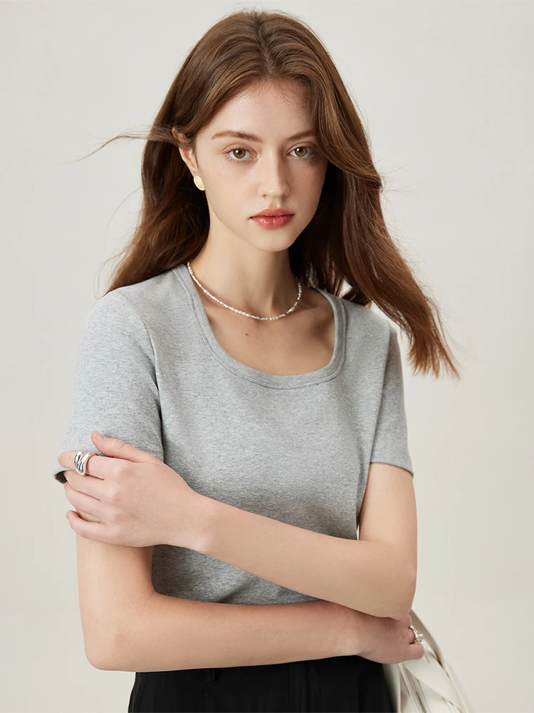 FSLE【4 Colors】Women Round Neck Casual Grey Summer T-Shirt Black Cotton Square Neck Short Sleeve Elastic Tees 24FS12797+24FS12798