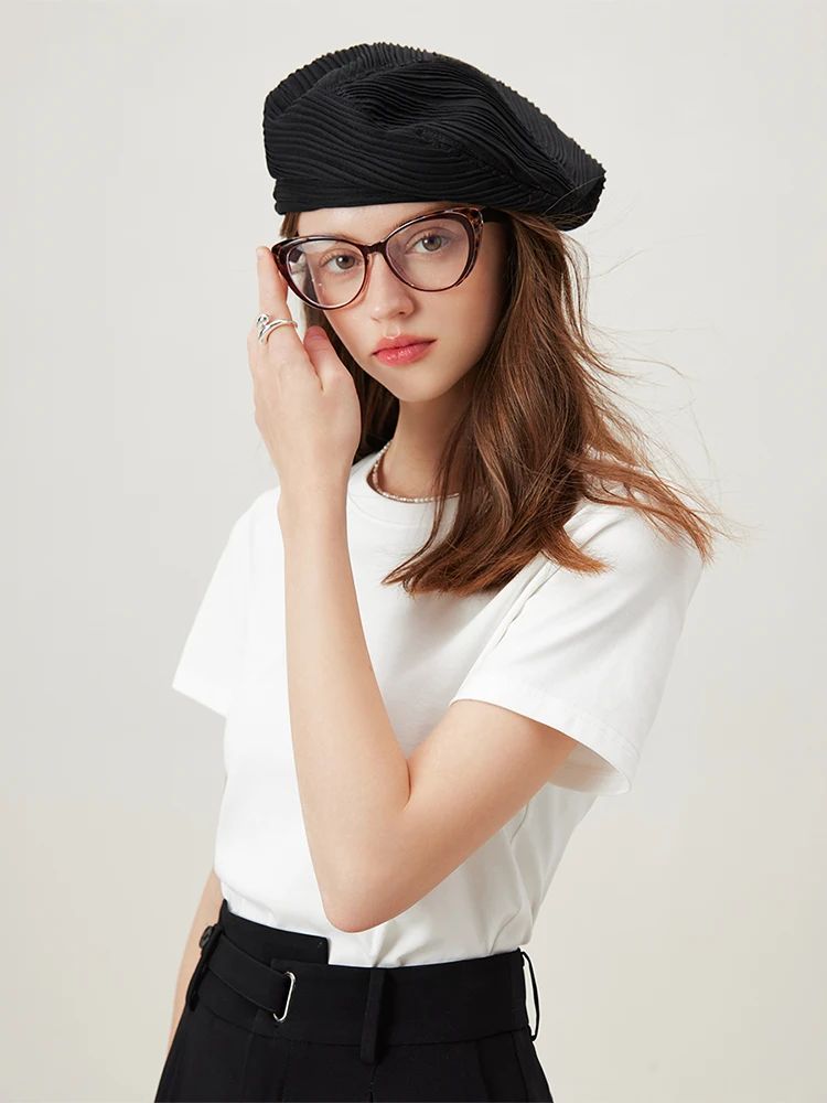 FSLE【4 Colors】Women Round Neck Casual Grey Summer T-Shirt Black Cotton Square Neck Short Sleeve Elastic Tees 24FS12797+24FS12798