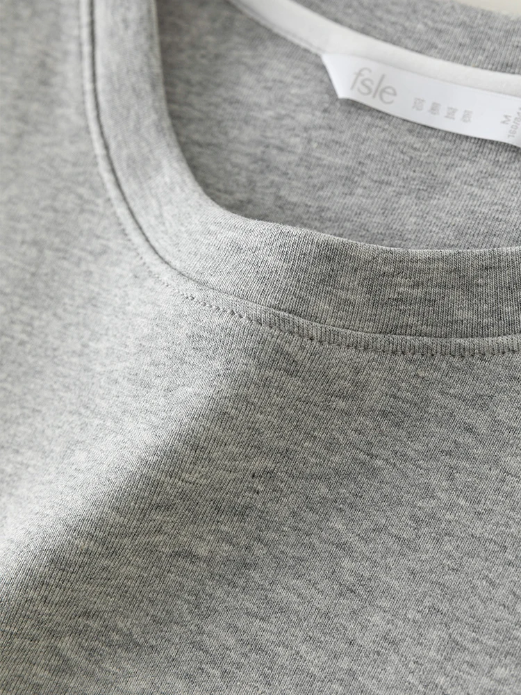 FSLE【4 Colors】Women Round Neck Casual Grey Summer T-Shirt Black Cotton Square Neck Short Sleeve Elastic Tees 24FS12797+24FS12798