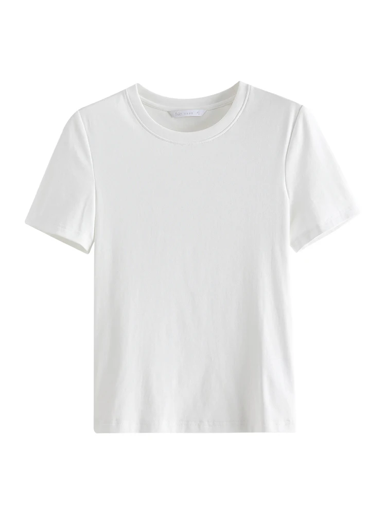 FSLE【4 Colors】Women Round Neck Casual Grey Summer T-Shirt Black Cotton Square Neck Short Sleeve Elastic Tees 24FS12797+24FS12798