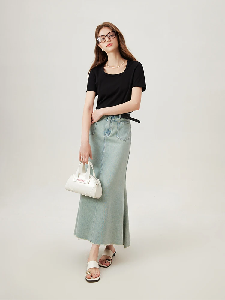 FSLE【4 Colors】Women Round Neck Casual Grey Summer T-Shirt Black Cotton Square Neck Short Sleeve Elastic Tees 24FS12797+24FS12798