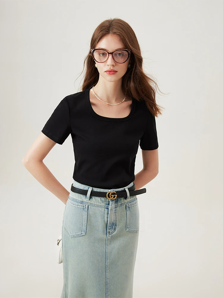 FSLE【4 Colors】Women Round Neck Casual Grey Summer T-Shirt Black Cotton Square Neck Short Sleeve Elastic Tees 24FS12797+24FS12798
