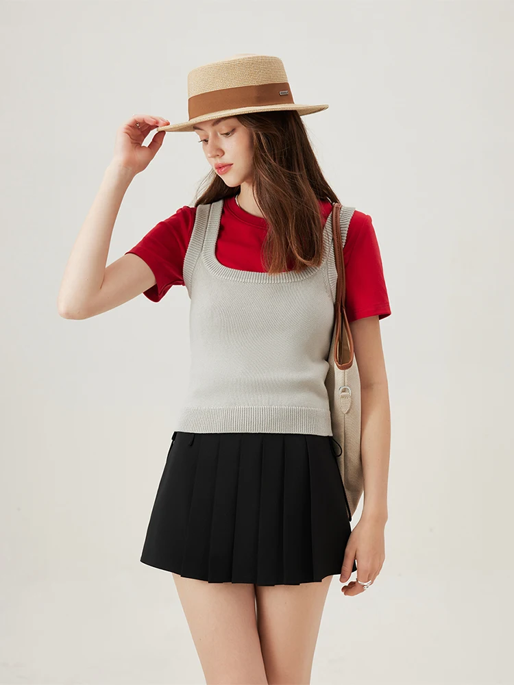 FSLE【4 Colors】Women Round Neck Casual Grey Summer T-Shirt Black Cotton Square Neck Short Sleeve Elastic Tees 24FS12797+24FS12798