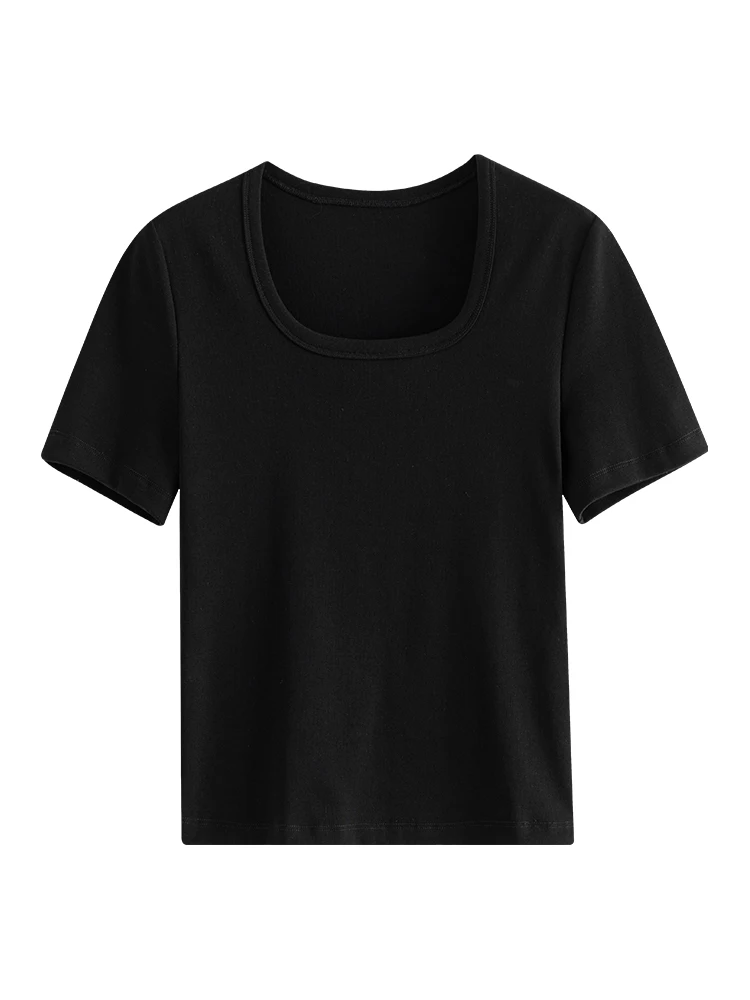 FSLE【4 Colors】Women Round Neck Casual Grey Summer T-Shirt Black Cotton Square Neck Short Sleeve Elastic Tees 24FS12797+24FS12798