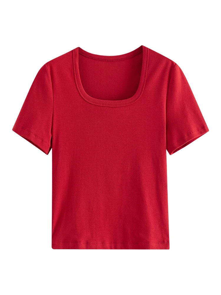 FSLE【4 Colors】Women Round Neck Casual Grey Summer T-Shirt Black Cotton Square Neck Short Sleeve Elastic Tees 24FS12797+24FS12798
