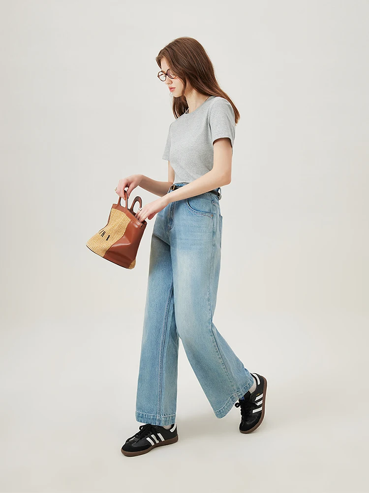 FSLE【4 Colors】Women Round Neck Casual Grey Summer T-Shirt Black Cotton Square Neck Short Sleeve Elastic Tees 24FS12797+24FS12798