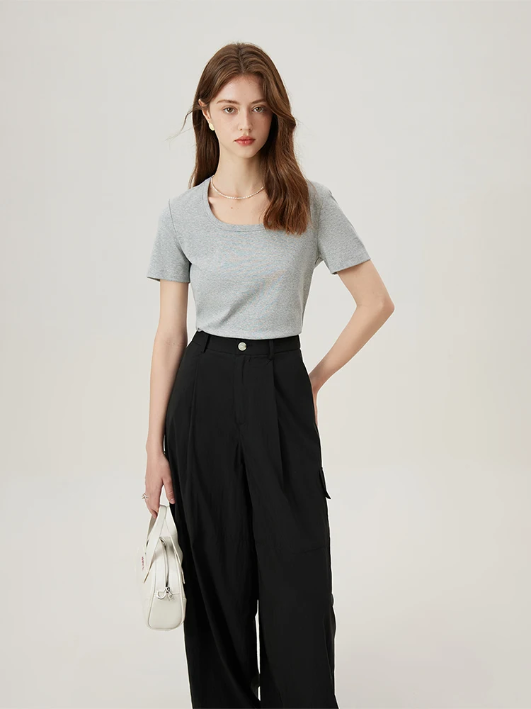 FSLE【4 Colors】Women Round Neck Casual Grey Summer T-Shirt Black Cotton Square Neck Short Sleeve Elastic Tees 24FS12797+24FS12798