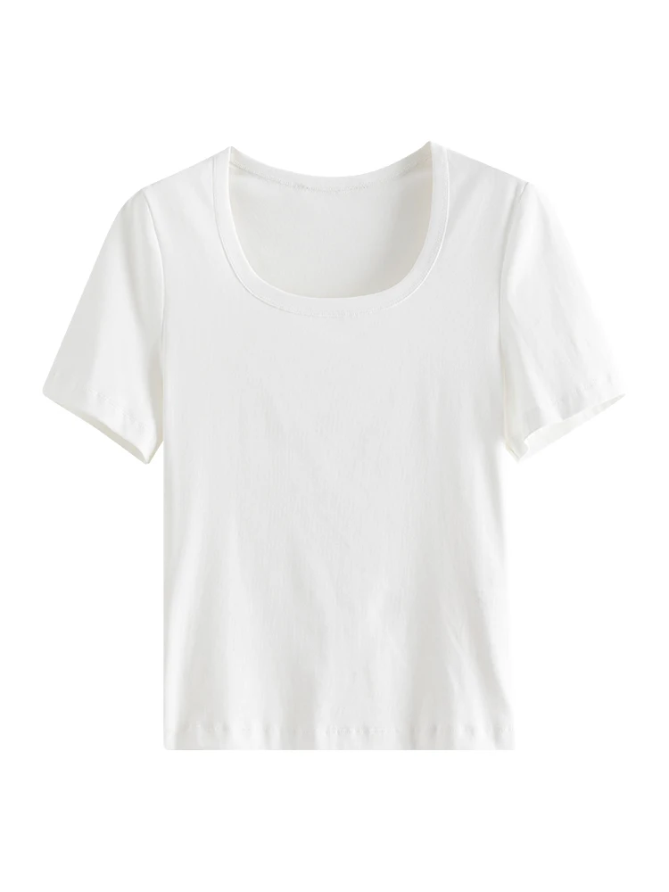 FSLE【4 Colors】Women Round Neck Casual Grey Summer T-Shirt Black Cotton Square Neck Short Sleeve Elastic Tees 24FS12797+24FS12798
