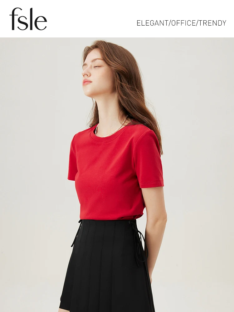 FSLE【4 Colors】Women Round Neck Casual Grey Summer T-Shirt Black Cotton Square Neck Short Sleeve Elastic Tees 24FS12797+24FS12798