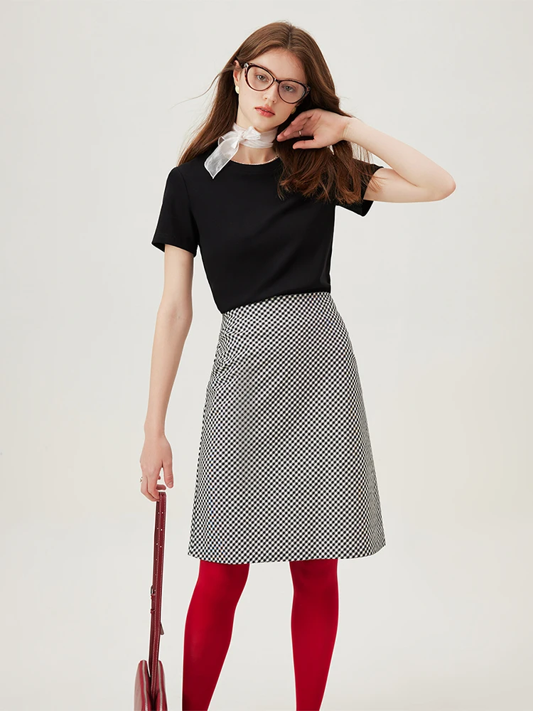 FSLE【4 Colors】Women Round Neck Casual Grey Summer T-Shirt Black Cotton Square Neck Short Sleeve Elastic Tees 24FS12797+24FS12798