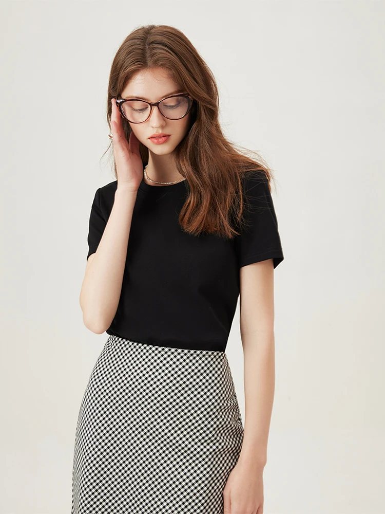 FSLE【4 Colors】Women Round Neck Casual Grey Summer T-Shirt Black Cotton Square Neck Short Sleeve Elastic Tees 24FS12797+24FS12798