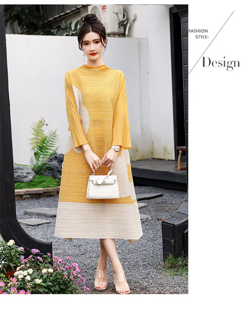 Long Dresses Womens Dresses Stand-up Collar Color Matching Flower Rhinestone Sleeve A-shaped Hem Pleated Dress Loose Long Skirt