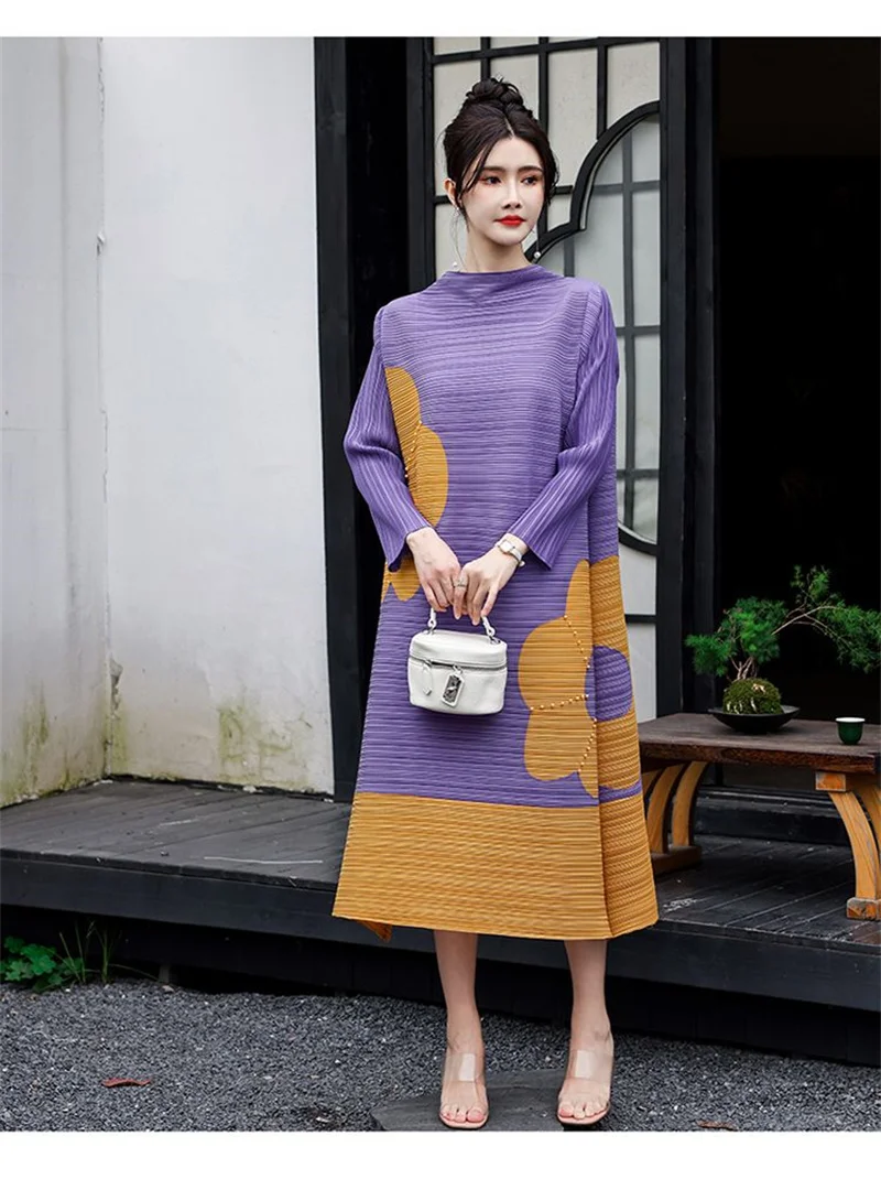 Long Dresses Womens Dresses Stand-up Collar Color Matching Flower Rhinestone Sleeve A-shaped Hem Pleated Dress Loose Long Skirt