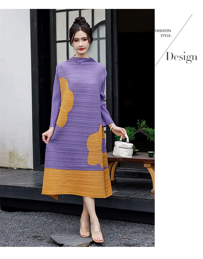 Long Dresses Womens Dresses Stand-up Collar Color Matching Flower Rhinestone Sleeve A-shaped Hem Pleated Dress Loose Long Skirt